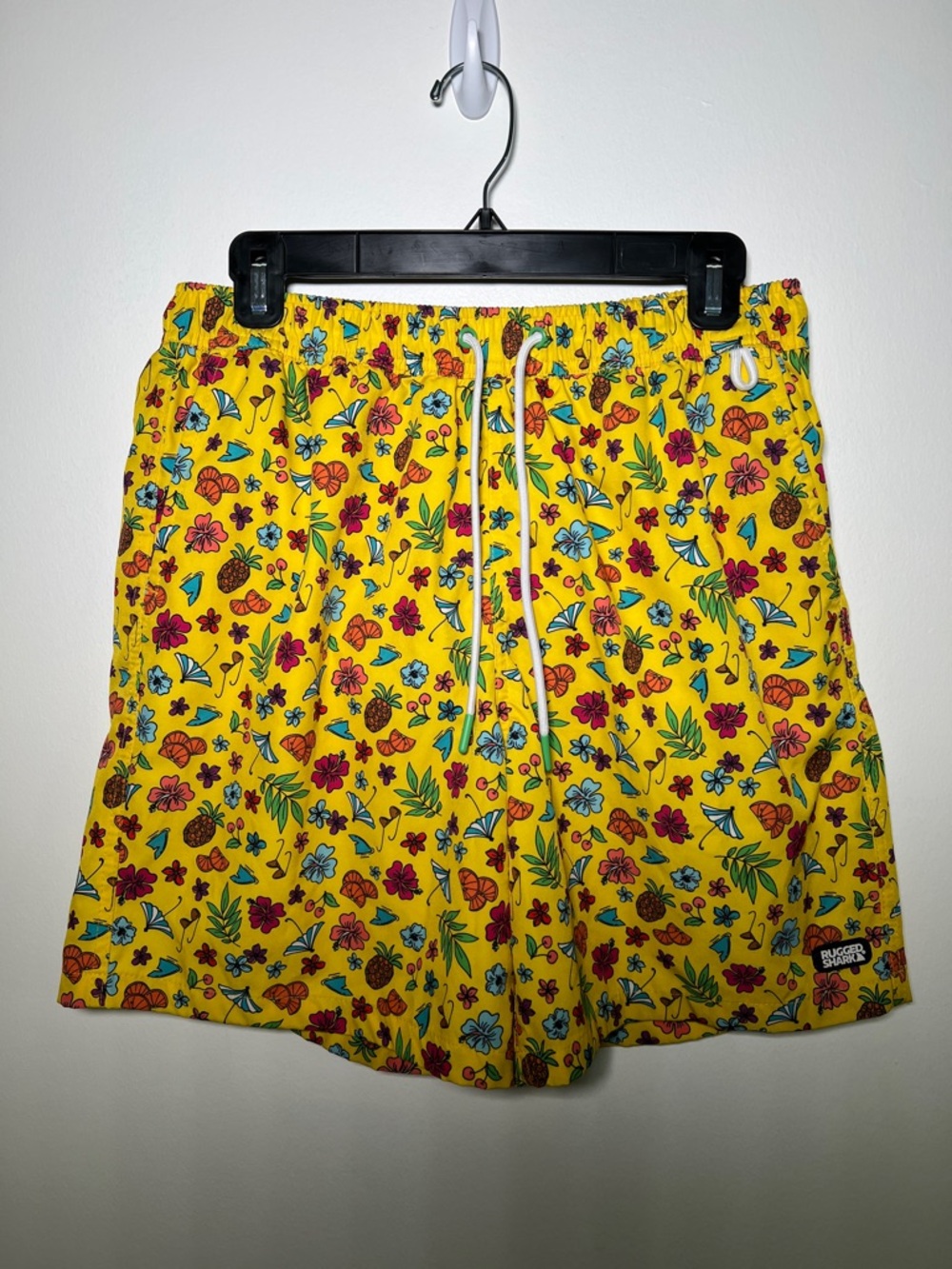 Men's Yellow Tropical Print Swim Trunks - Classic Drawstring